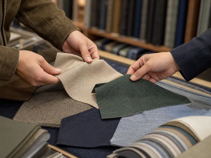Fabric swatches compared in a textile market